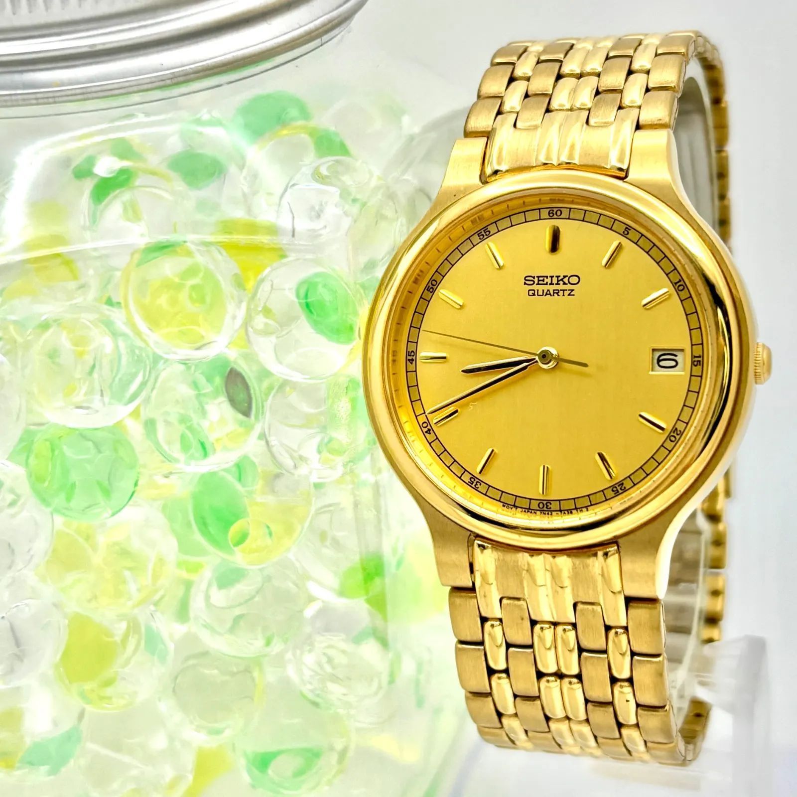美品/新品電池】SEIKO セイコー メンズ 腕時計 ゴールド デイト 7N42
