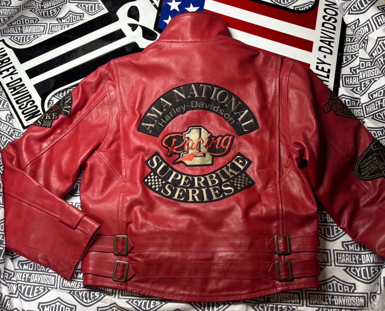 ハーレーダビッドソン 背面-袖 銀糸 赤糸使用H-DロゴCustom刺繍 な 品 本革製ジャケット レッド -胸部ホワイト ライン