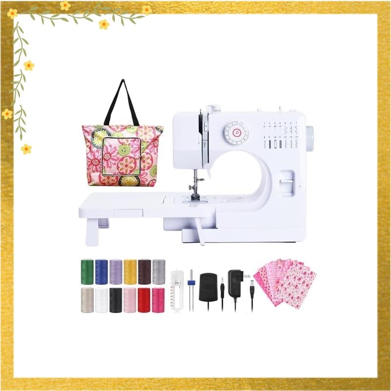 電動ミシン コンパクト家庭用ミシンセット 14種の縫い目 小型 ミニ ポータブル 低騒音 返し縫い フットコントローラー スピード可調整 拡張ボード 収納袋 DIYコットン柄の織物 ミシン糸 日本語取扱説明書付き 0
