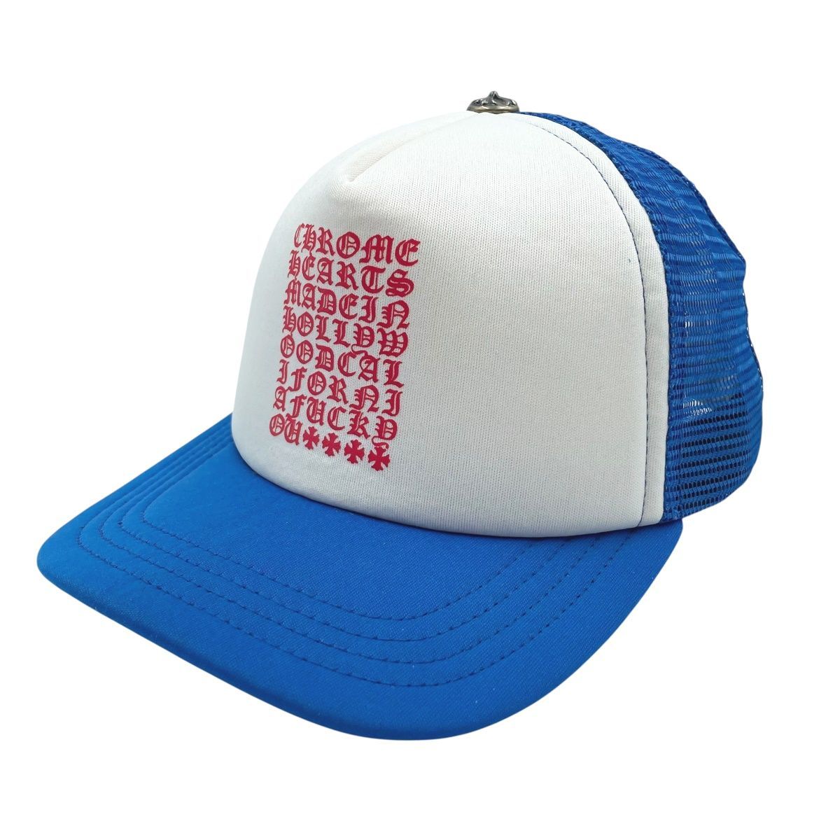 CHROME HEARTS クロムハーツ トラッカーキャップ 青×白 英字プリント メッシュ クロスボール 帽子 RD