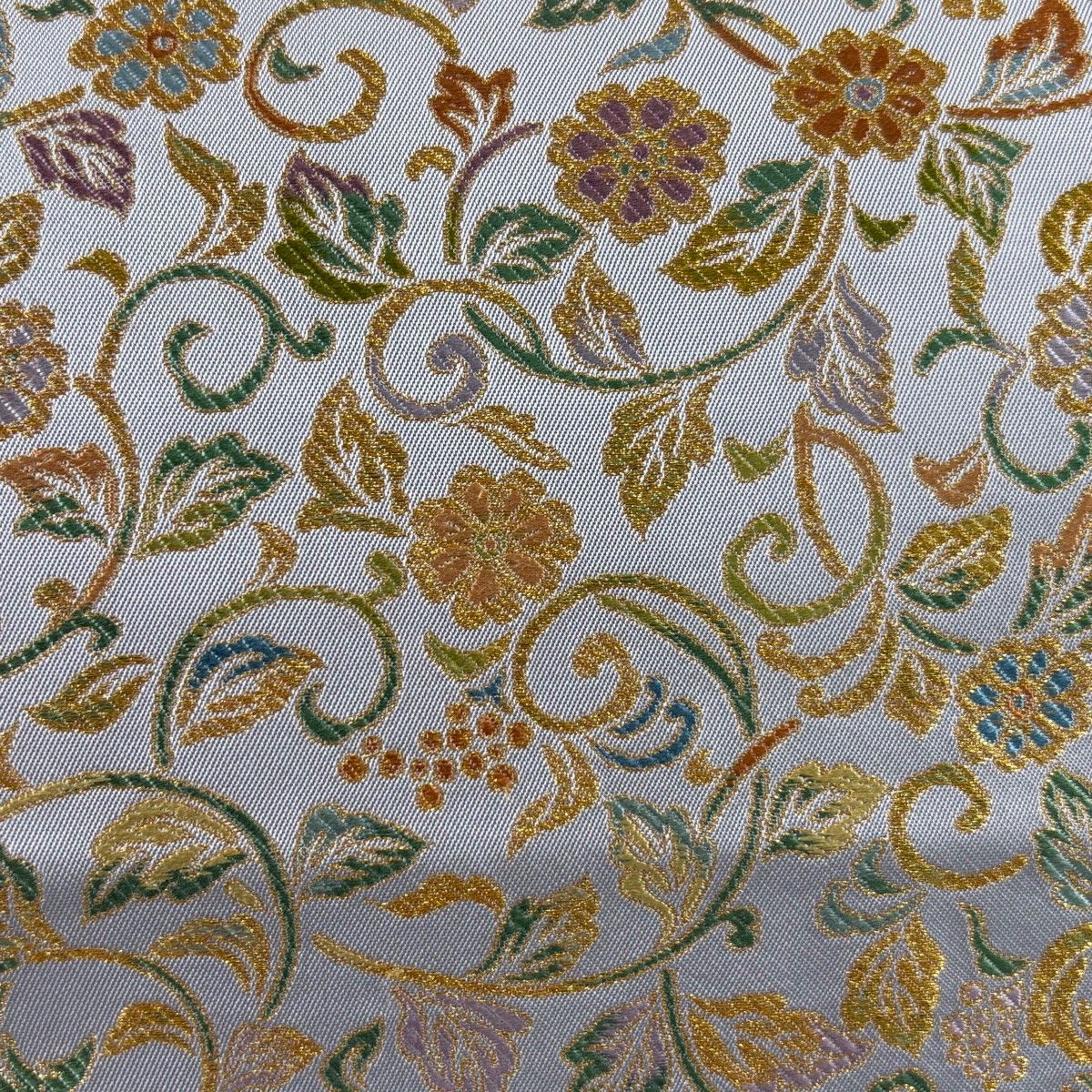 袋帯 落款 おりたけ 花唐草 金糸 灰色 六通 正絹