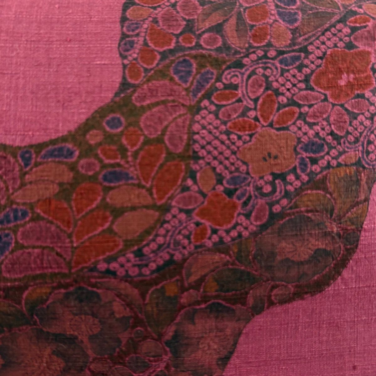 名古屋帯 紬地 草花 道長取り 赤紫 正絹