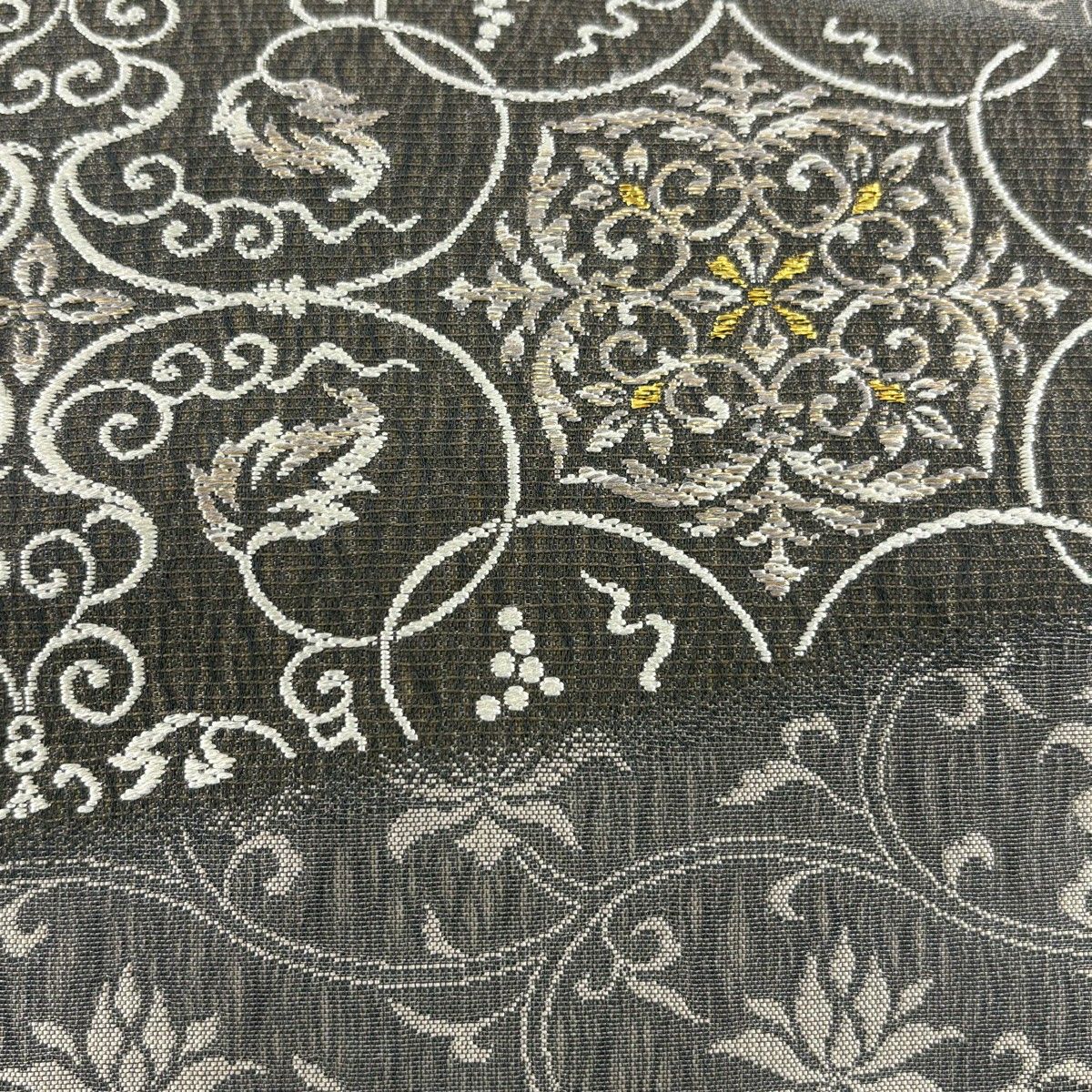 名古屋帯 華文 葡萄唐草 箔 灰茶 正絹