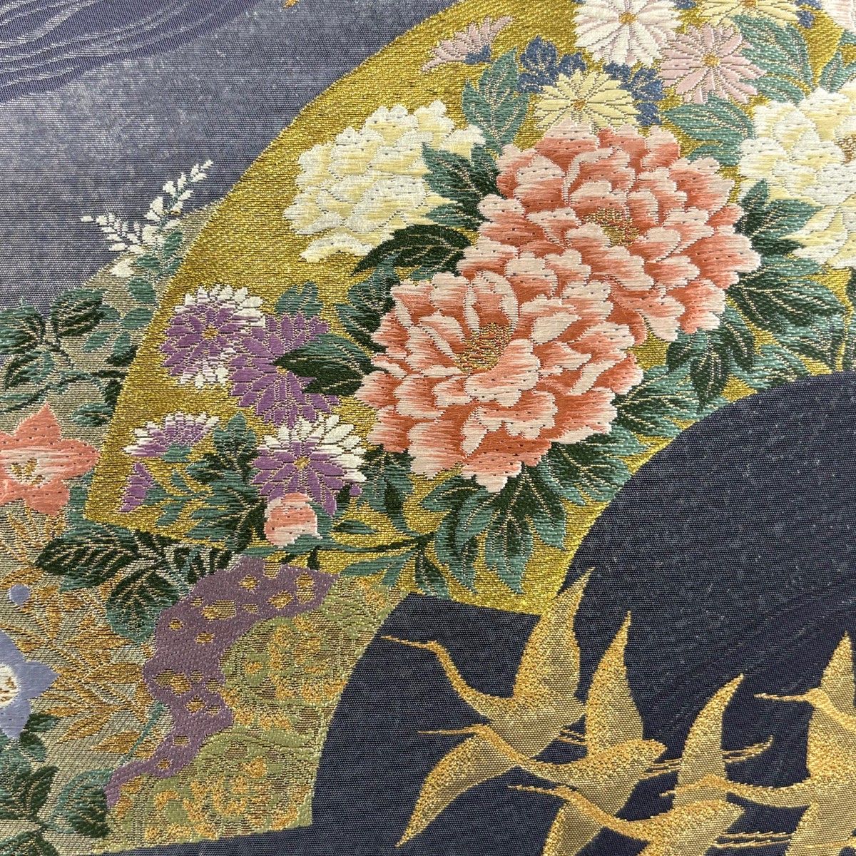 袋帯 じゅらく 落款 扇面 鶴 金銀糸 箔 青紫 六通 正絹