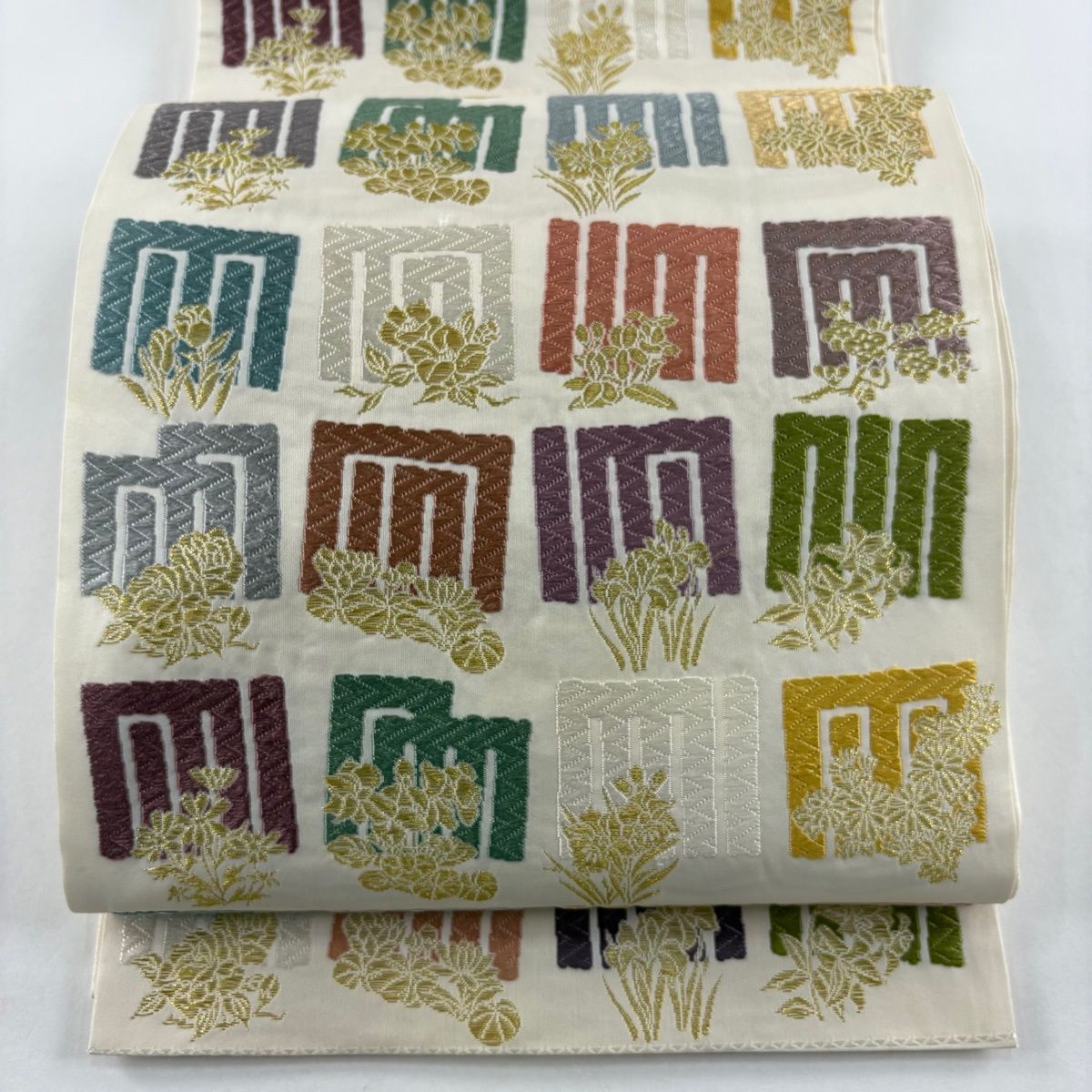 袋帯 吉祥唐織 源氏香 草花 唐織 金糸 クリーム 六通 正絹