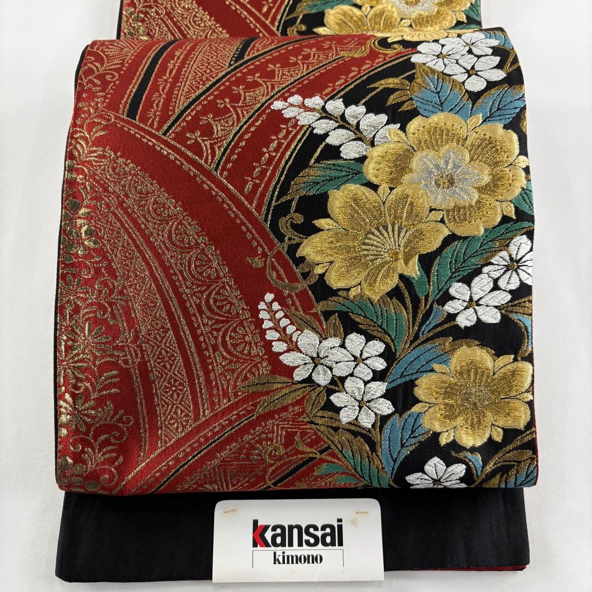 美品】 袋帯 名品 証紙 山本寛斎 草花 流水 金銀糸 箔 茜色 六通 正絹 