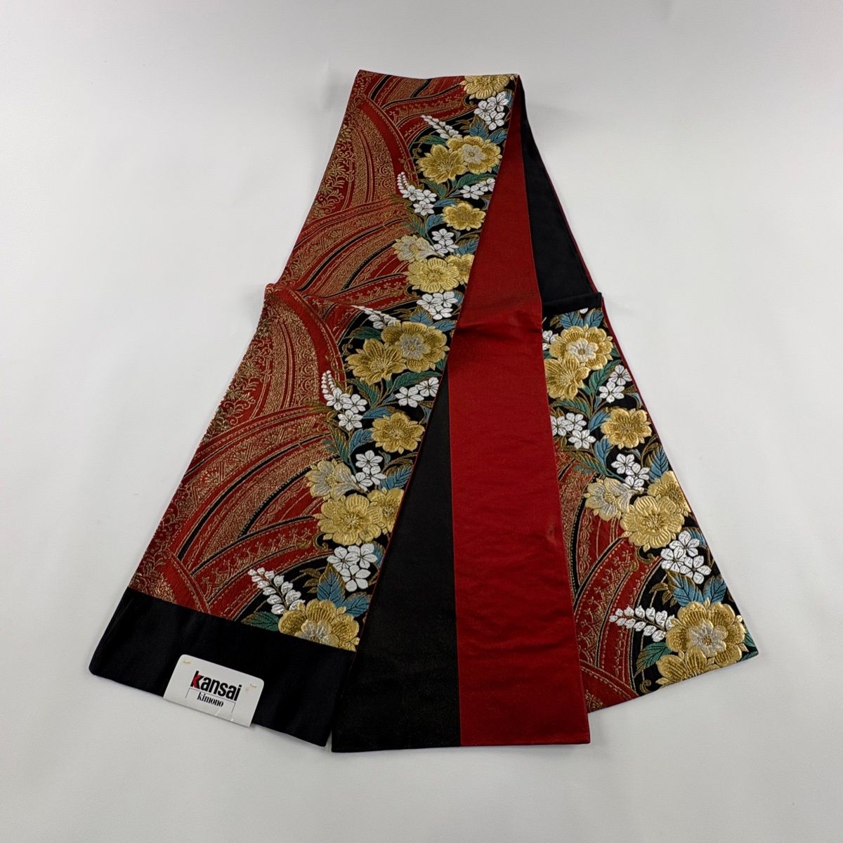  袋帯 証紙 山本寛斎 草花 流水 金銀糸 箔 茜色 六通 正絹 袋帯 帯