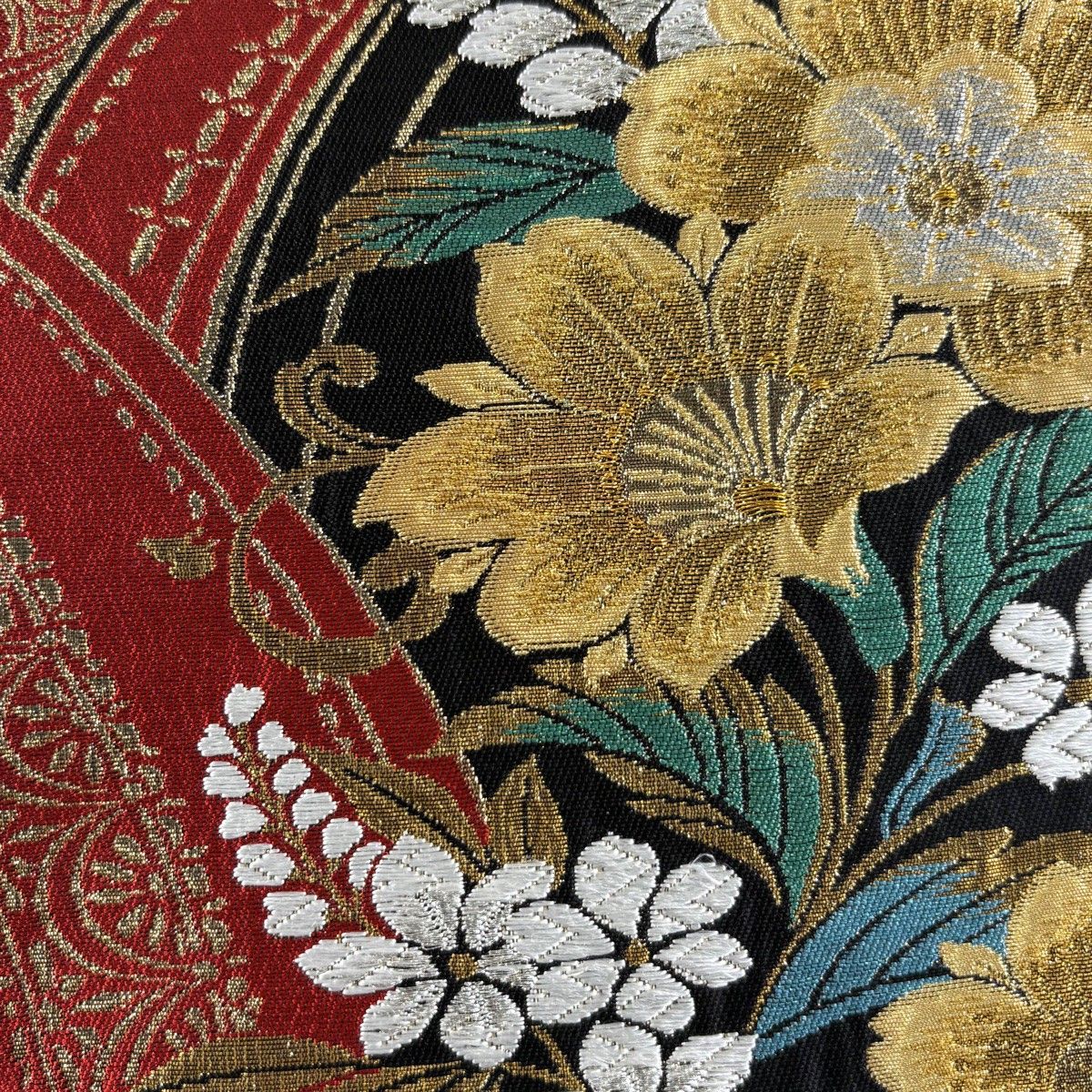 袋帯 証紙 山本寛斎 草花 流水 金銀糸 箔 茜色 六通 正絹