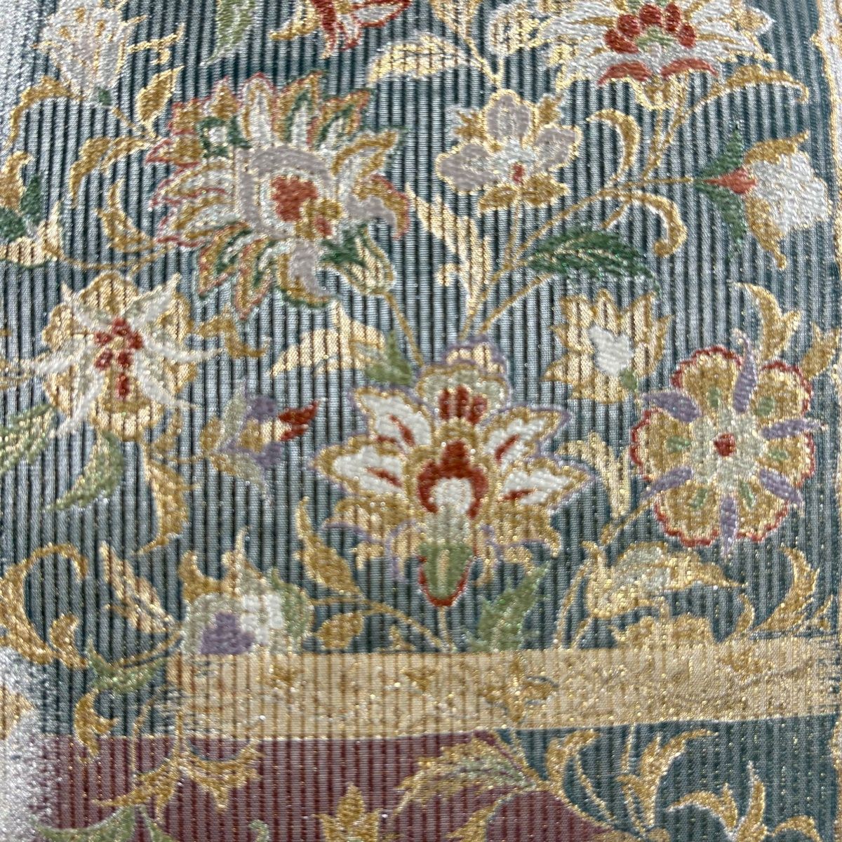 袋帯 草花 金銀糸 箔 灰緑 全通 正絹