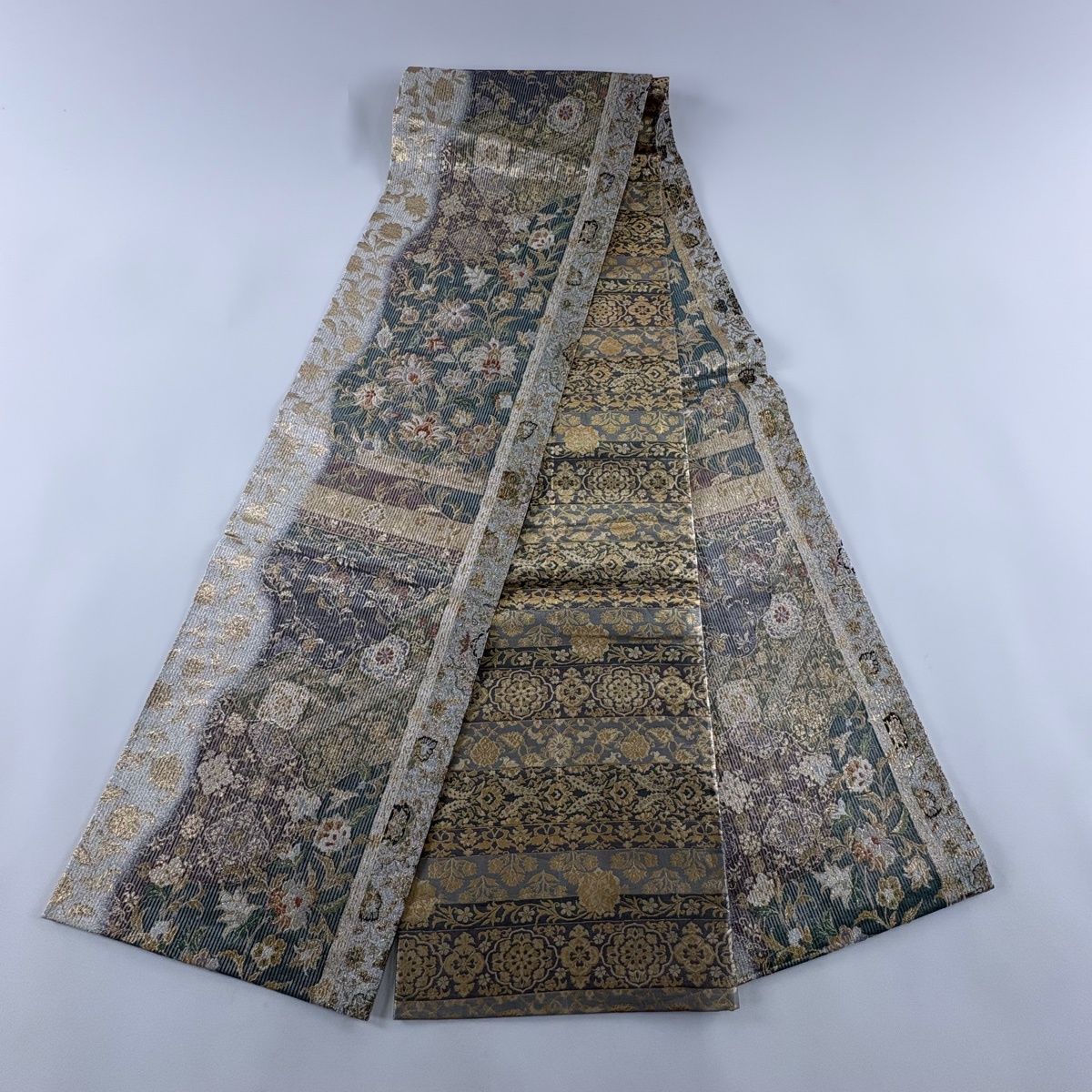  袋帯 草花 金銀糸 箔 灰緑 全通 正絹 袋帯 帯