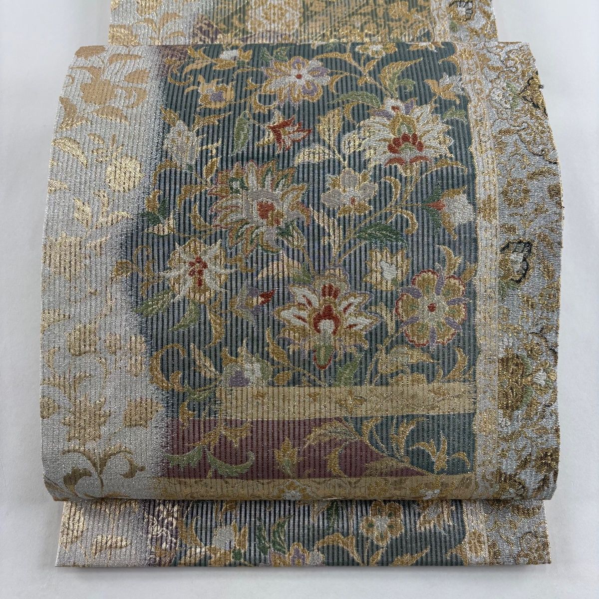 袋帯 草花 金銀糸 箔 灰緑 全通 正絹
