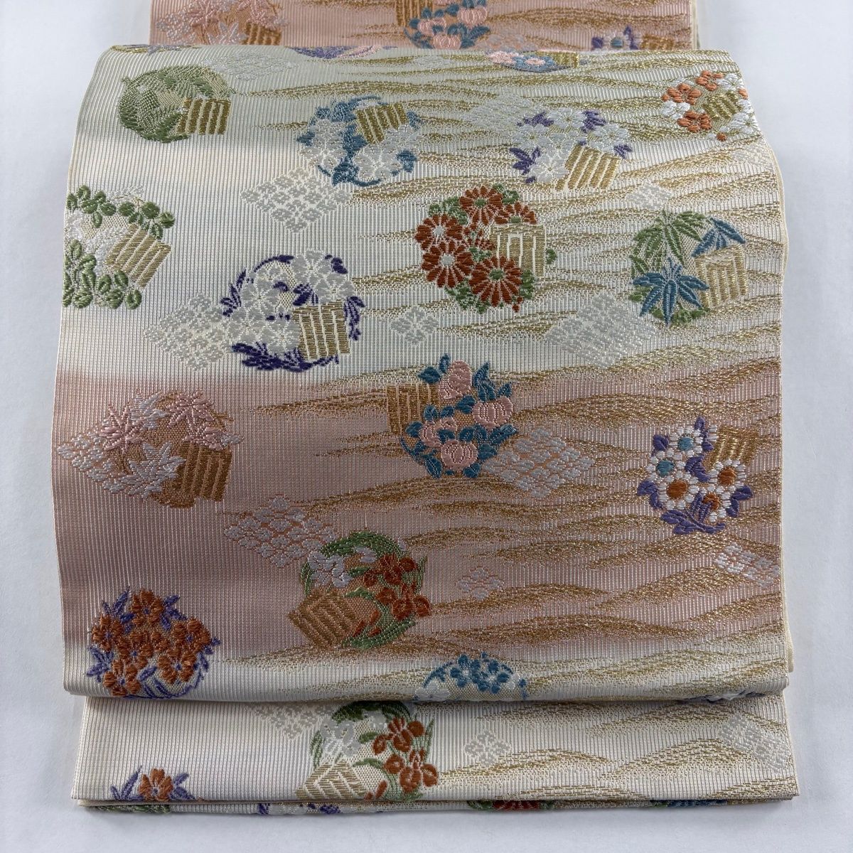 袋帯 源氏香 花丸文 刺繍 金糸 クリーム 六通 正絹