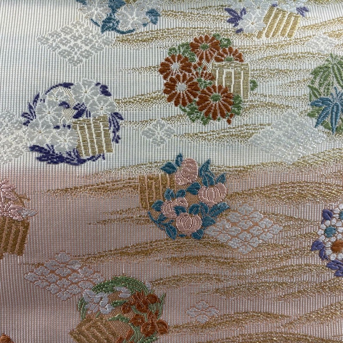 袋帯 源氏香 花丸文 刺繍 金糸 クリーム 六通 正絹