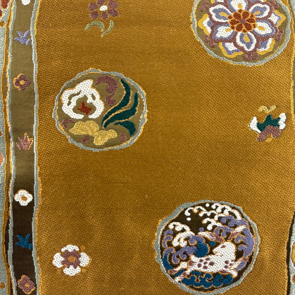 袋帯 華文 波兎 箔 刺繍 山吹茶色 六通 正絹