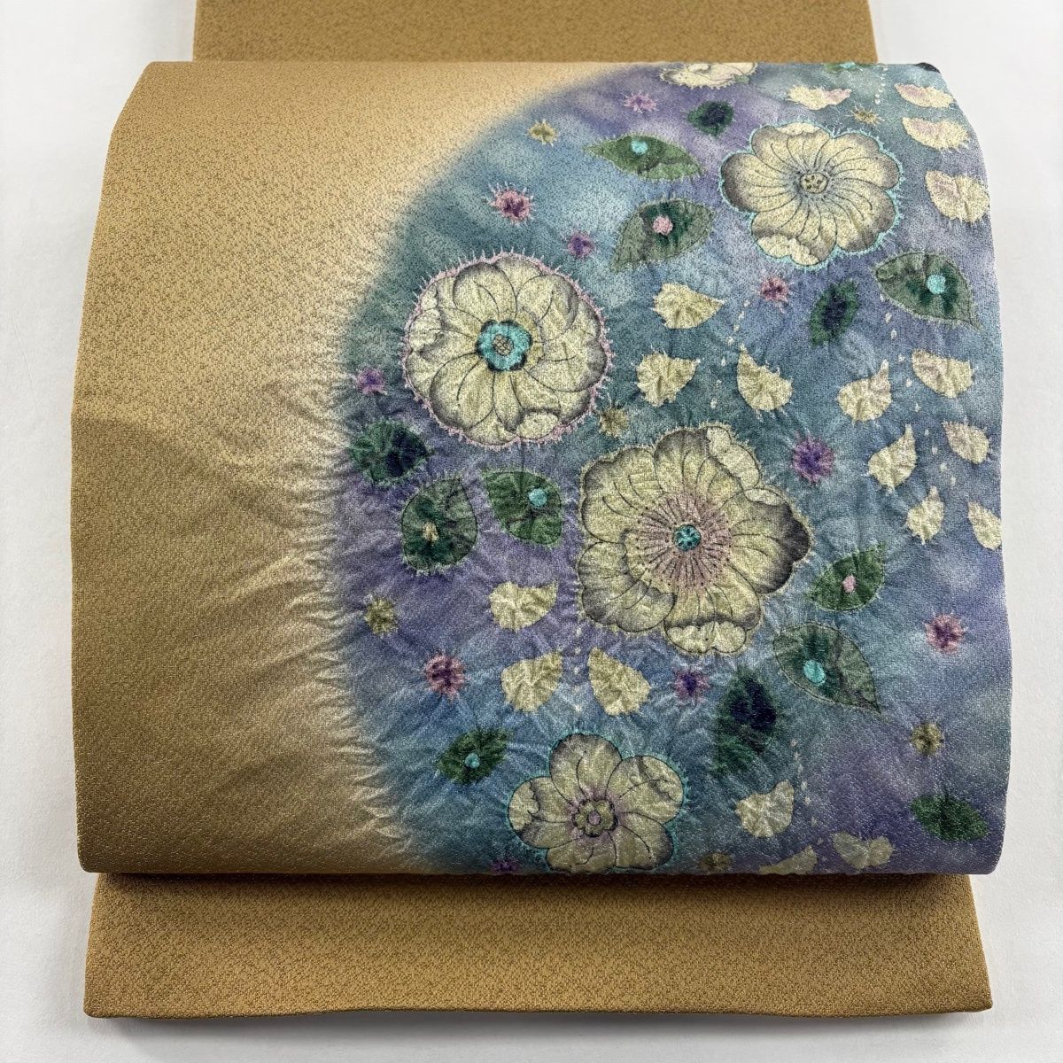 袋帯 落款 草花 銀糸 山吹茶色 お太鼓柄 正絹