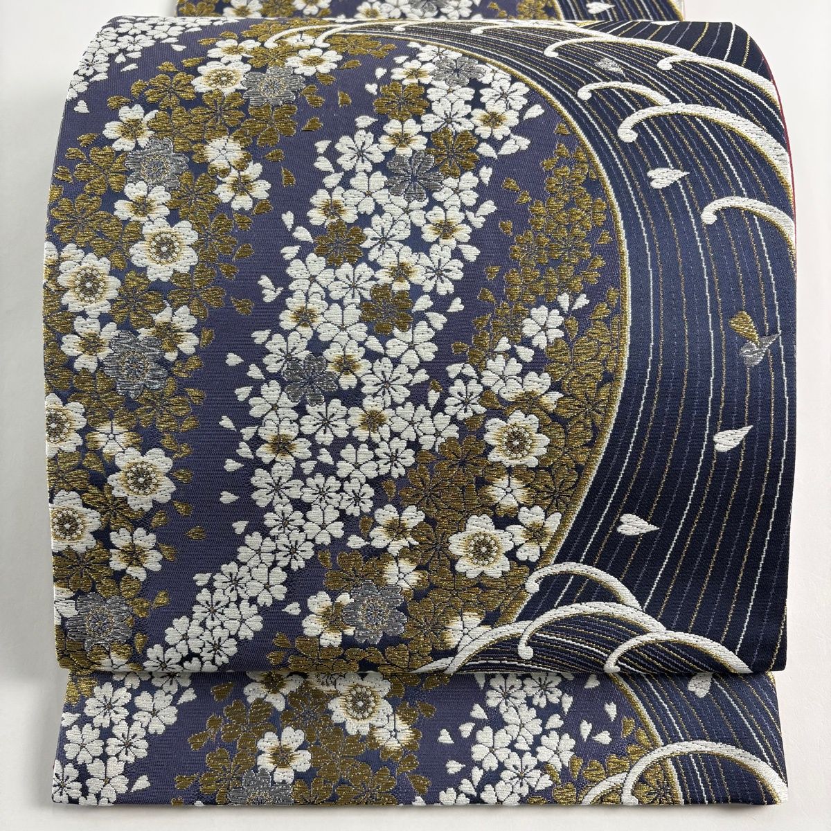美品】 袋帯 秀品 桜 波頭 唐織 金銀糸 灰紫 六通 正絹 【中古