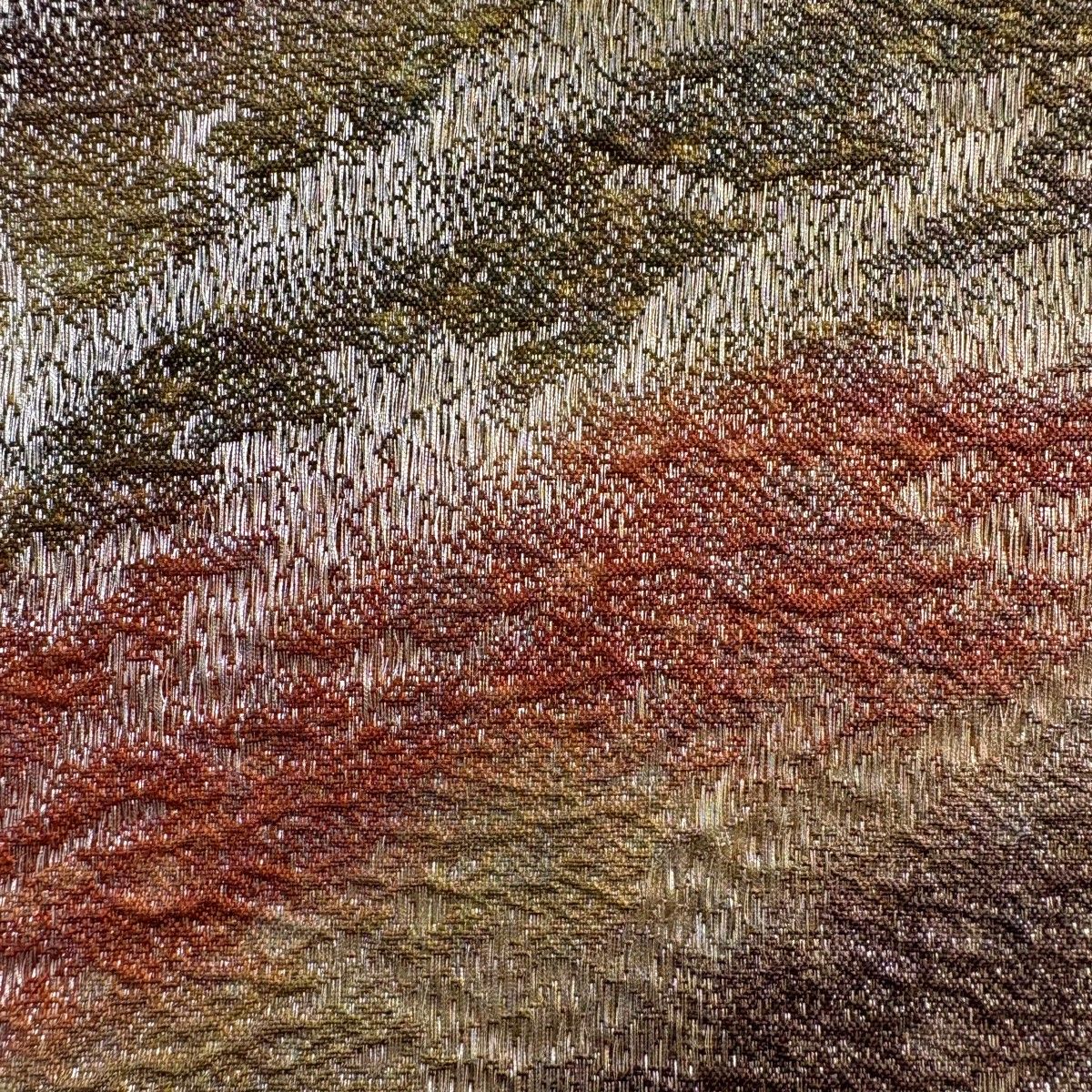 袋帯 秀品 霞 幾何学模様 金銀糸 茶色 全通 正絹