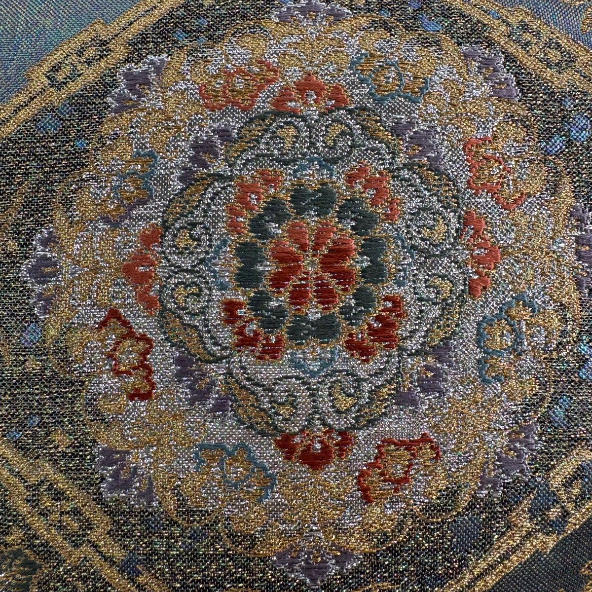 袋帯 秀品 正倉院蜀甲文 鳥 金糸 箔 灰緑 六通 正絹