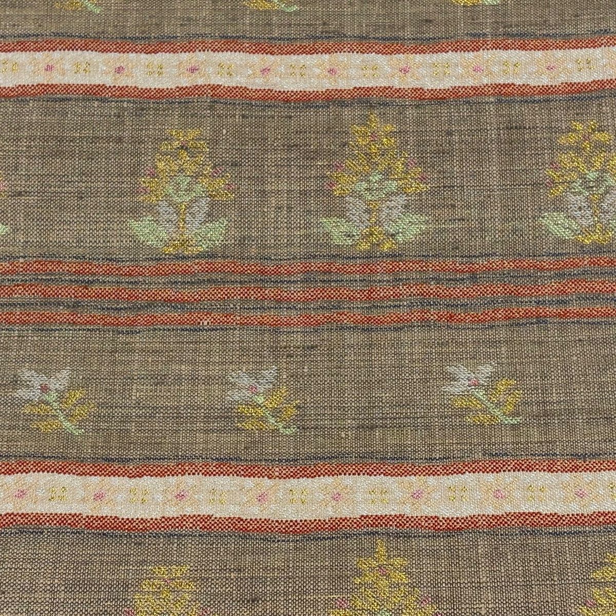 袋帯 落款 草花 段縞 金通し 箔 薄茶色 お太鼓柄 正絹