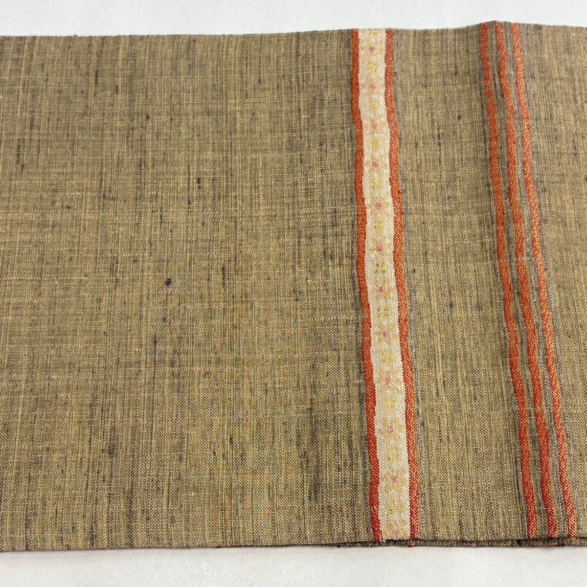  袋帯 落款 草花 段縞 金通し 箔 薄茶色 お太鼓柄 正絹 袋帯 帯