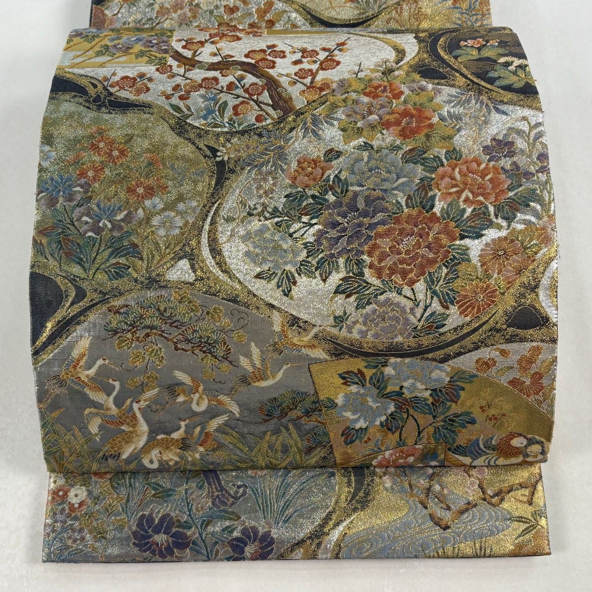 丸帯 琳派流水名勝図 草花 金糸 箔 銀色 全通 正絹