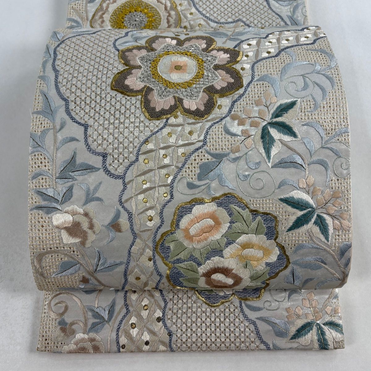 袋帯 華文 花唐草 金銀糸 刺繍 青灰色 六通 正絹