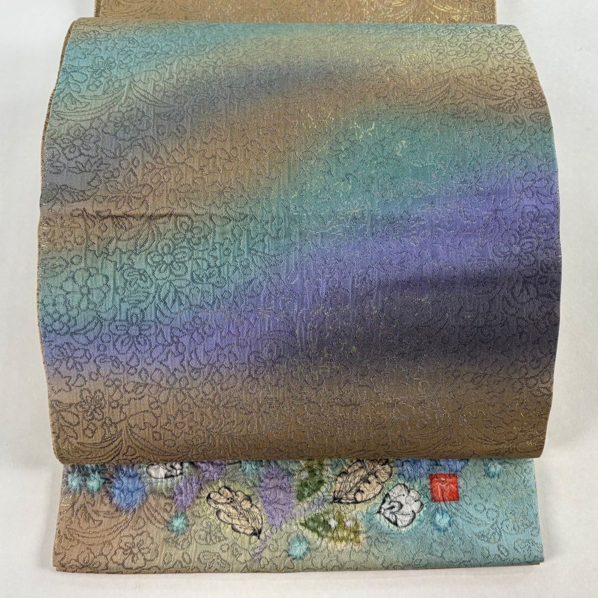 袋帯 逸品 久保田一竹工房 落款 一竹辻ヶ花 辻が花 草花 絞り 箔 薄茶