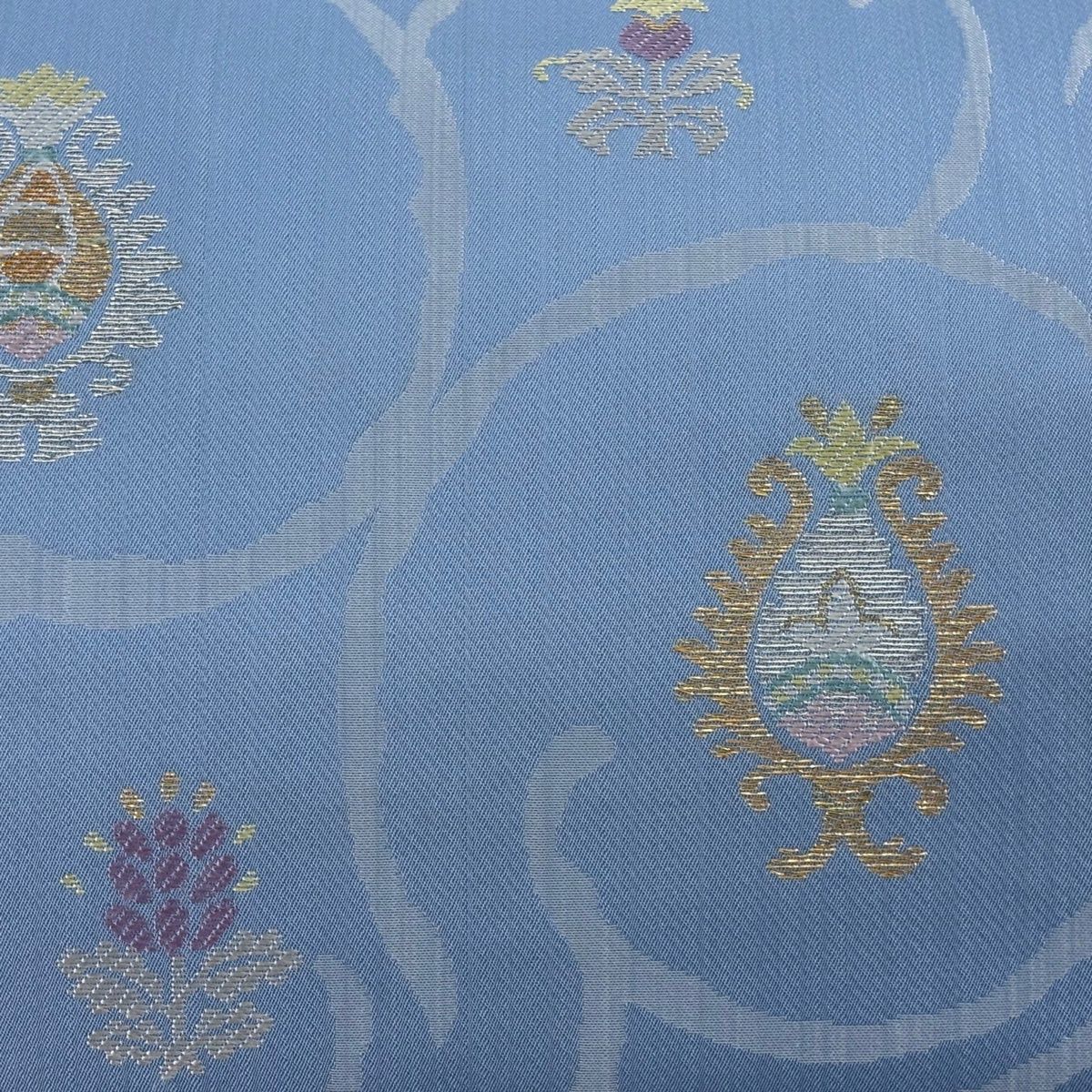 名古屋帯 帯屋捨松 落款 花唐草 金銀糸 箔 水色 正絹