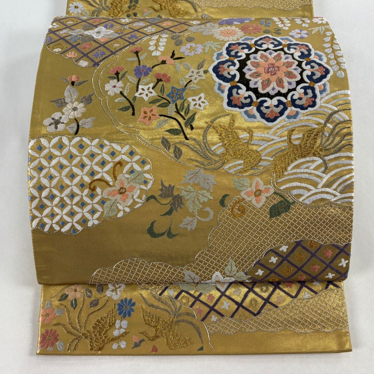 袋帯 華文 花鳥 刺繍 金銀糸 金色 六通 正絹