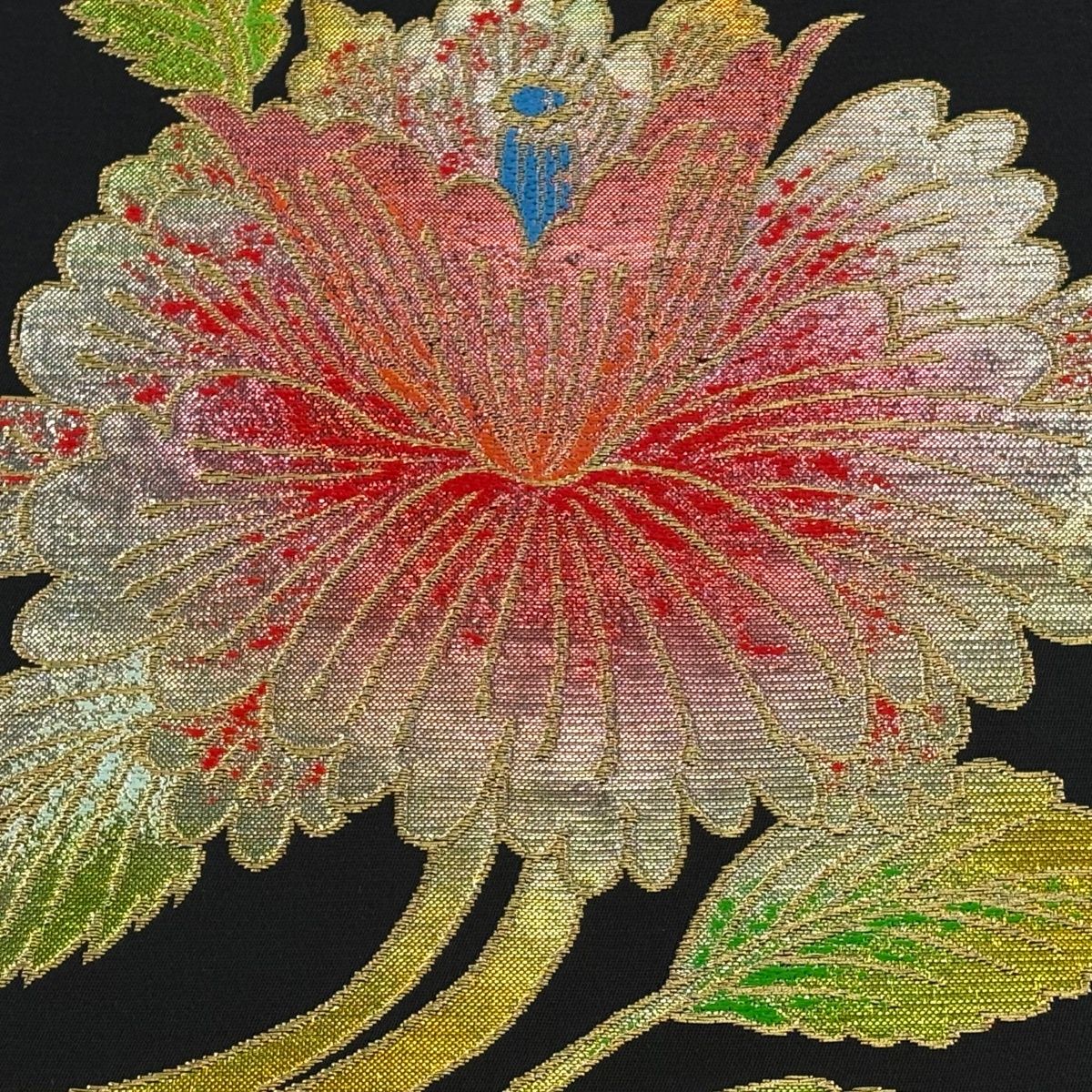 袋帯 龍村美術織物 落款 花王富貴錦 関西仕立て 草花 金糸 箔 黒 お太鼓柄 正絹