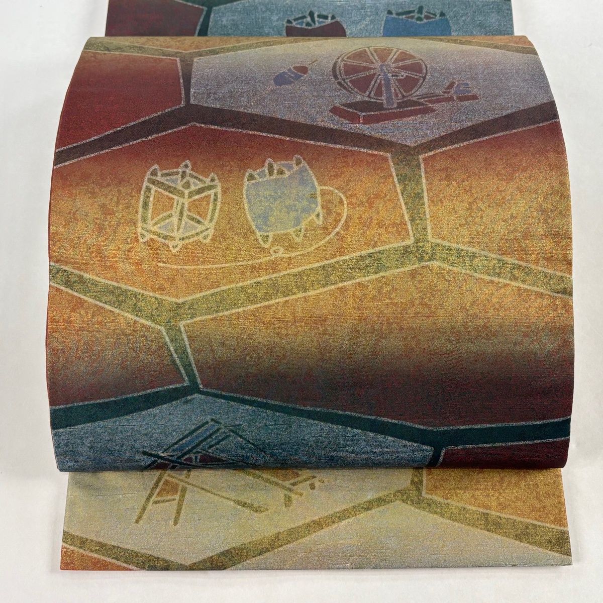 袋帯 落款 牛首紬地 糸巻 糸繰り機 金彩 茶色 全通 正絹