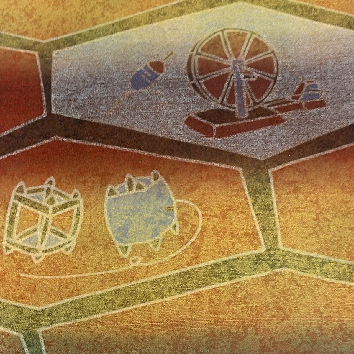 袋帯 落款 牛首紬地 糸巻 糸繰り機 金彩 茶色 全通 正絹