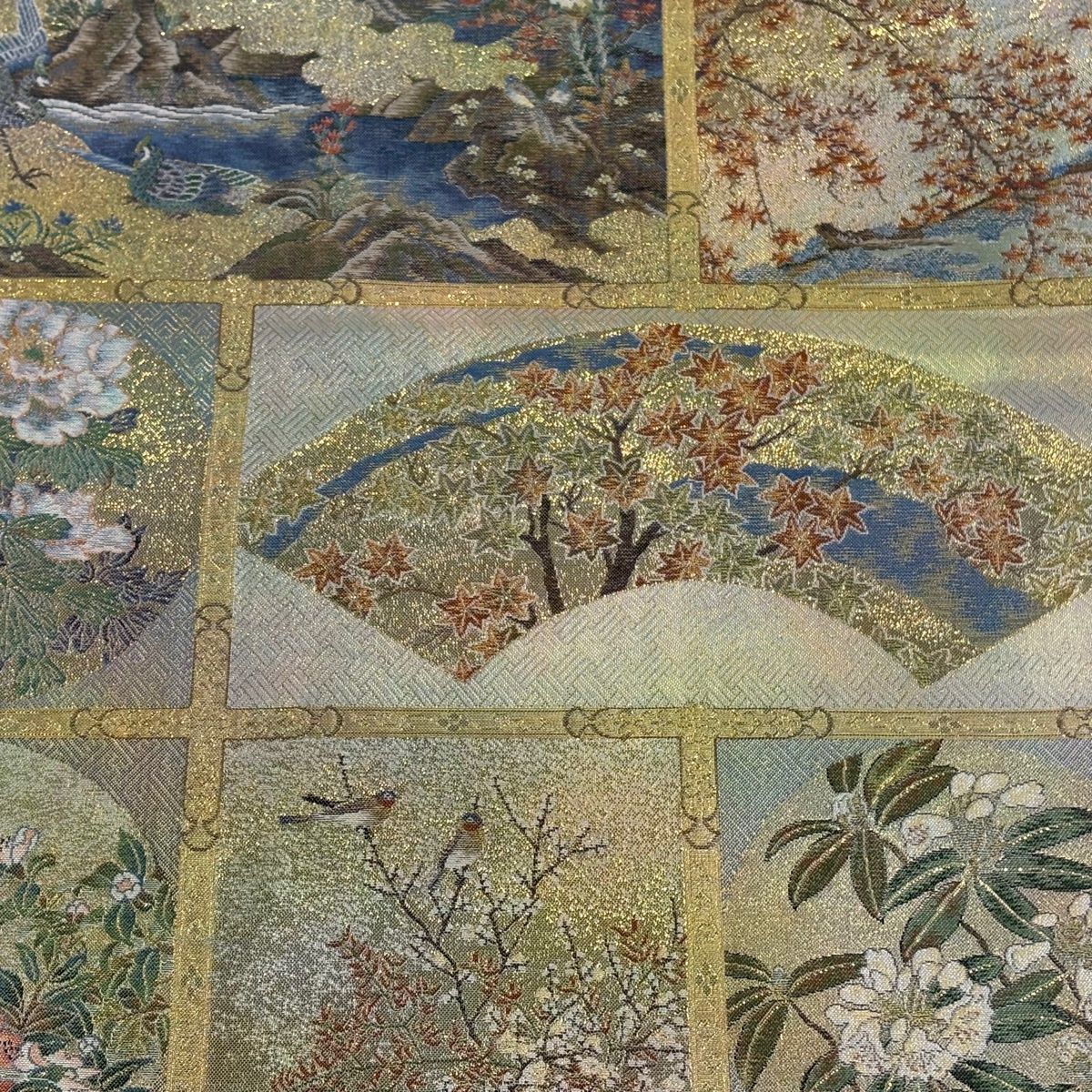 丸帯 壱阡八百口織 手先四通り 花鳥画天井絵巻 金糸 プラチナ本金箔 金色 全通 正絹