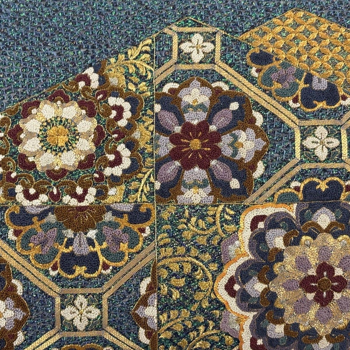 袋帯 華文 蜀江文 刺繍 箔 青緑 お太鼓柄 正絹