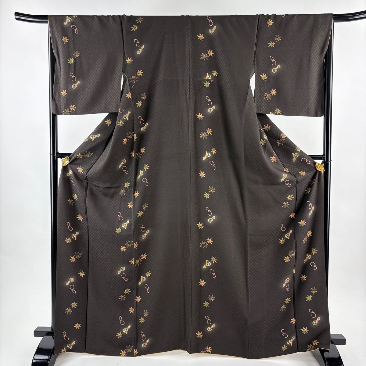 小紋 身丈168 cm 裄丈67.5 L 袷 ほていや 瓢箪 紅葉 焦茶色 正絹