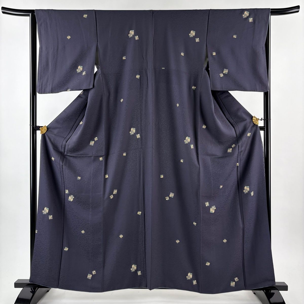 小紋 身丈161cm 裄丈65cm M 袷 源氏香 金彩 濃紺 正絹 名品 【中古
