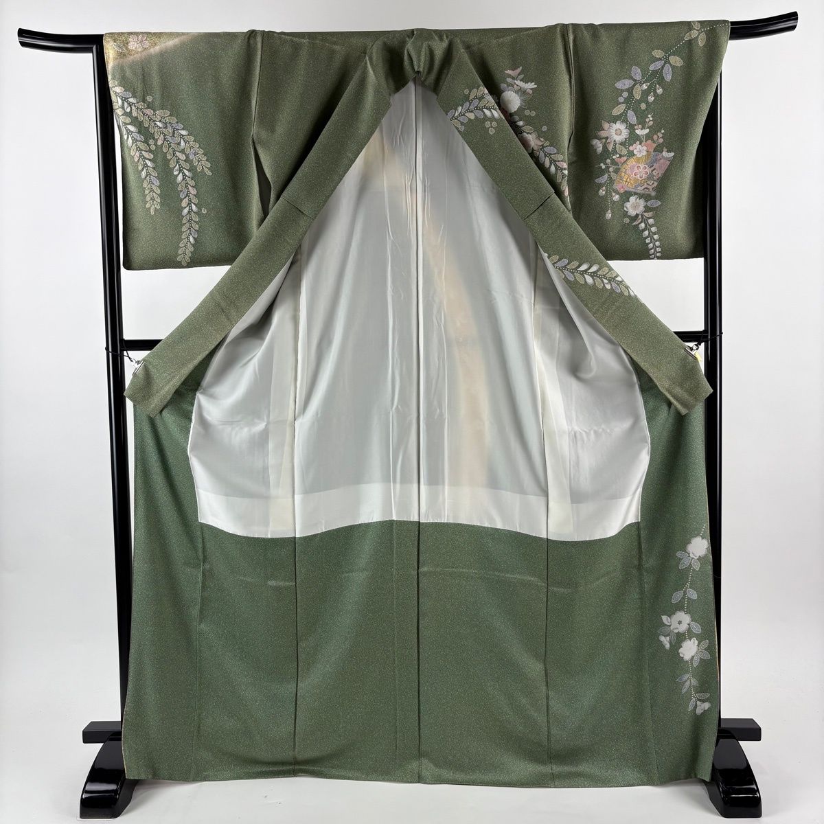 訪問着 身丈170 5 cm 裄丈66 M 袷 檜扇 文箱 金彩 ぼかし よもぎ色 正絹 訪問着 付け下げ 着物