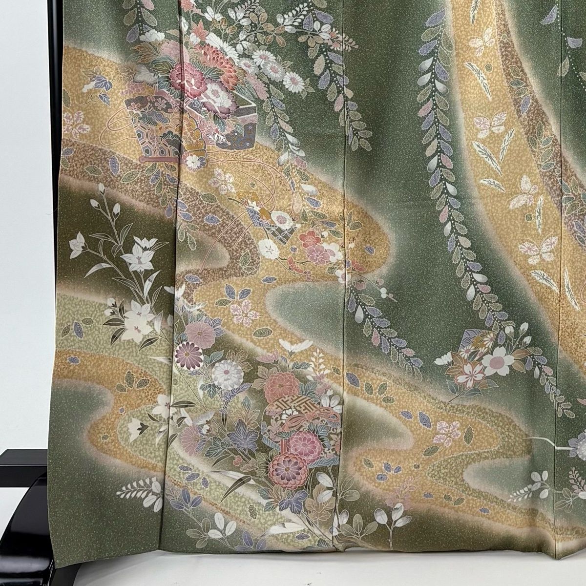 訪問着 身丈170.5 cm 裄丈66.5 M 袷 檜扇 文箱 金彩 ぼかし よもぎ色 正絹