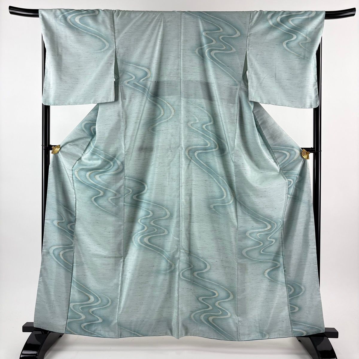 小紋 身丈163 cm 裄丈68 5 L 袷 紬地 流水 金彩 ぼかし 水色 正絹