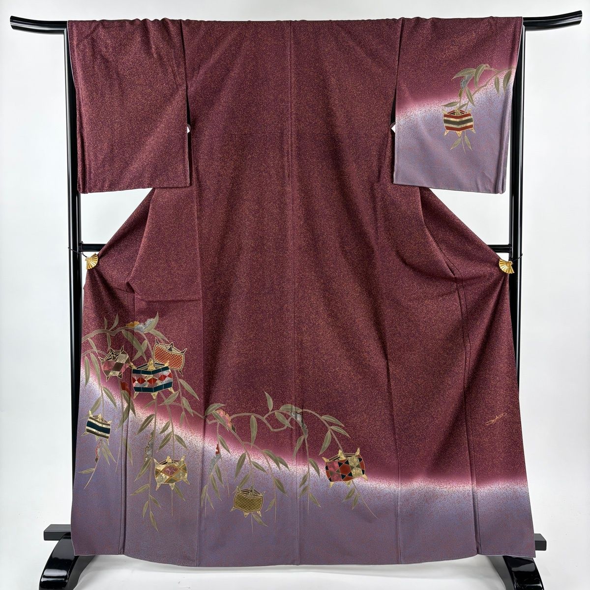付下げ 身丈167.5 cm 裄丈67.5 L 袷 コシノヒロコ 落款 糸巻き 柳 金彩 ぼかし 赤紫 正絹