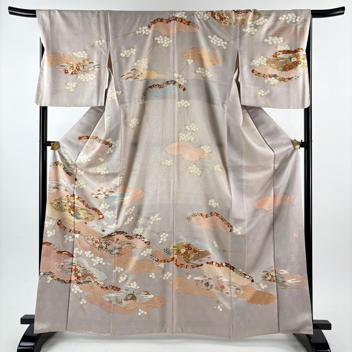 訪問着 身丈165 cm 裄丈69 L 袷 雲文 桜 金糸 金彩 灰紫 正絹