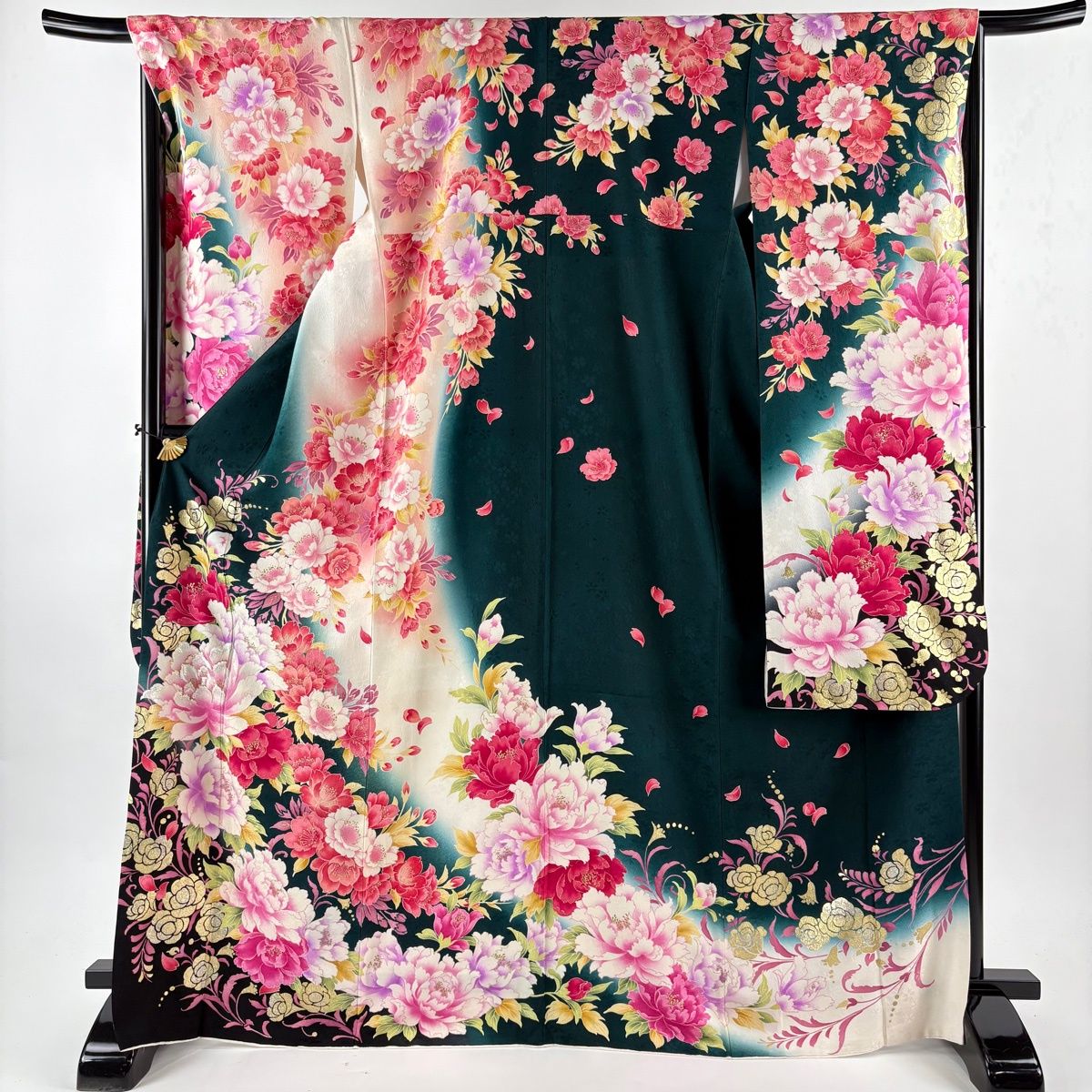 振袖 身丈169 5 cm 裄丈67 L 袷 牡丹 箔 金彩 深緑 正絹