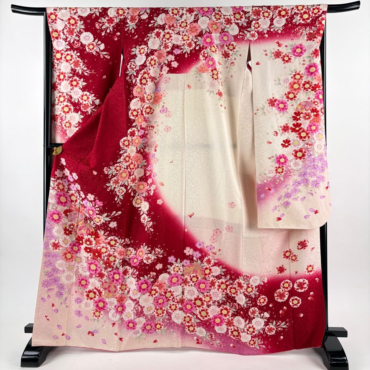 振袖 身丈166 5 cm 裄丈67 M 袷 手鞠 草花 銀通し 刺繍 赤 正絹