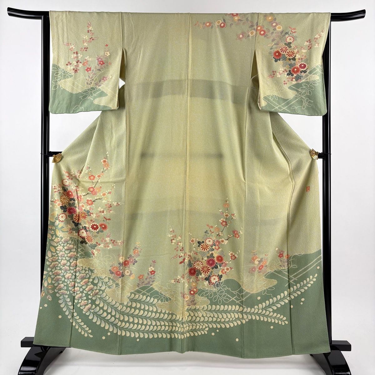 訪問着 身丈162.5 cm 裄丈65 M 袷 菊 枝梅 金糸 金彩 薄緑 正絹