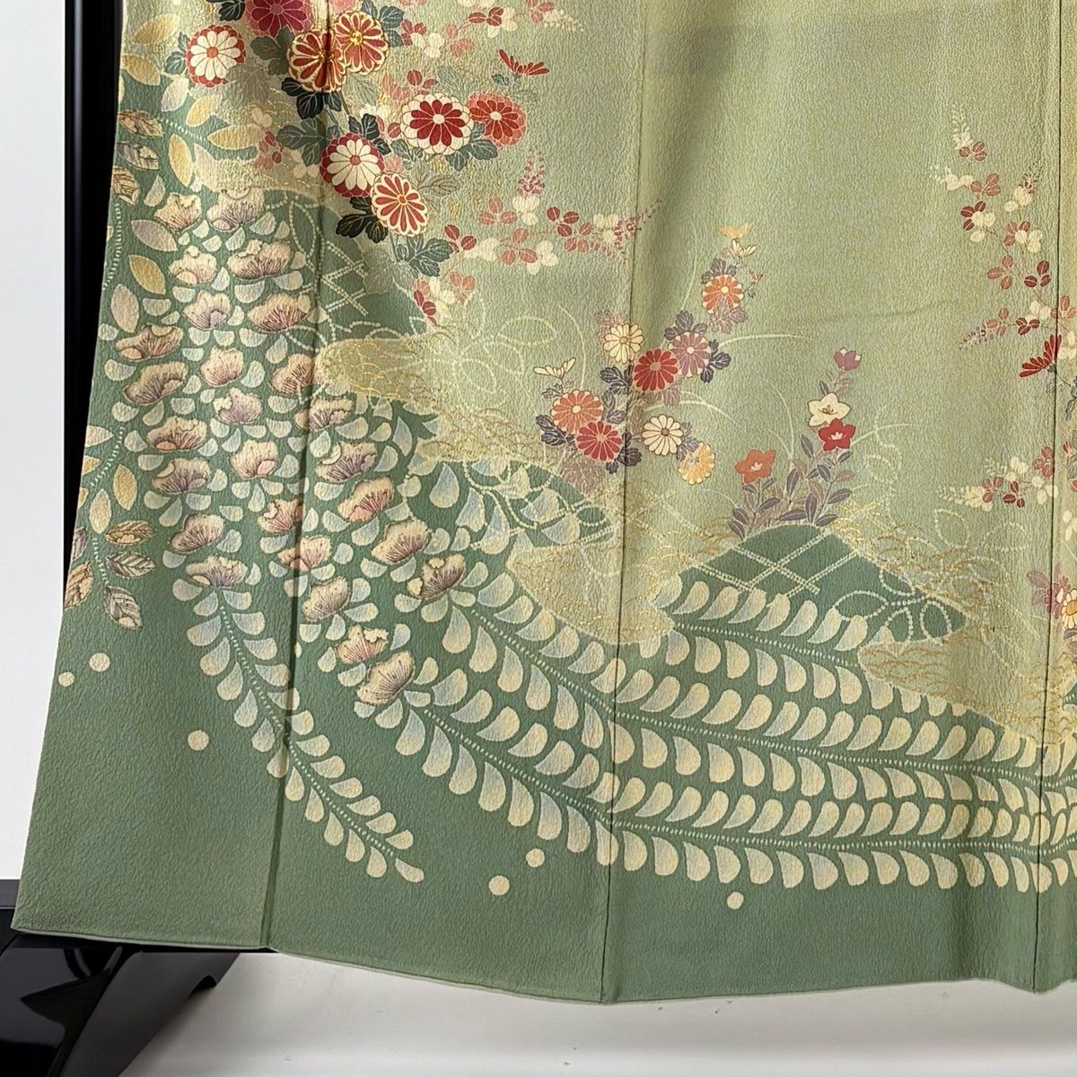 訪問着 身丈162.5 cm 裄丈65 M 袷 菊 枝梅 金糸 金彩 薄緑 正絹