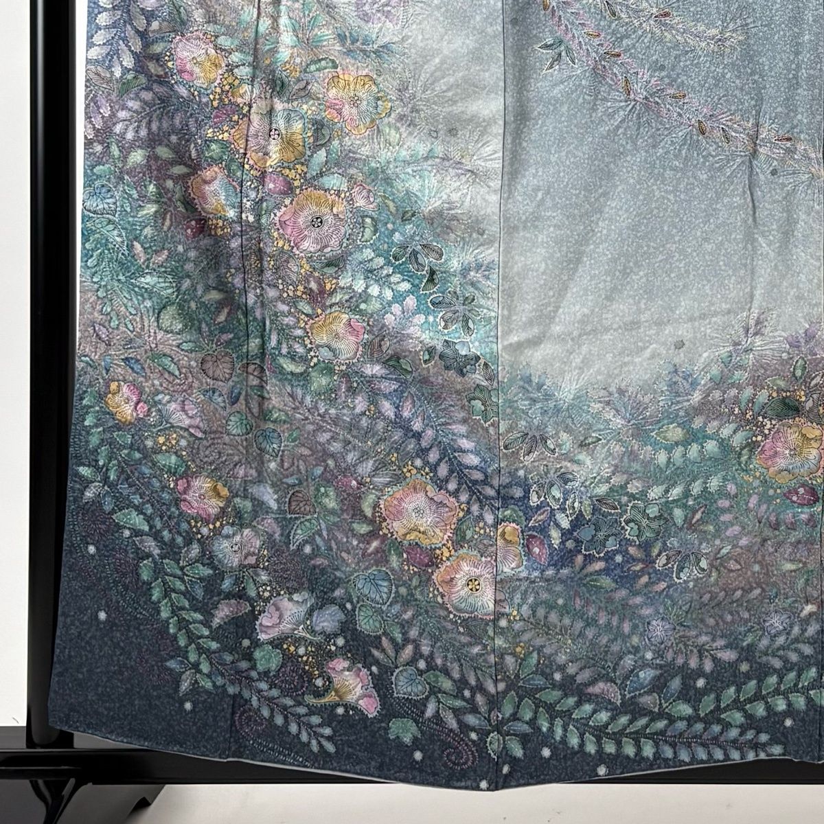 訪問着 身丈159 cm 裄丈66.5 M 袷 辻が花柄 金彩 ぼかし 青灰色 正絹
