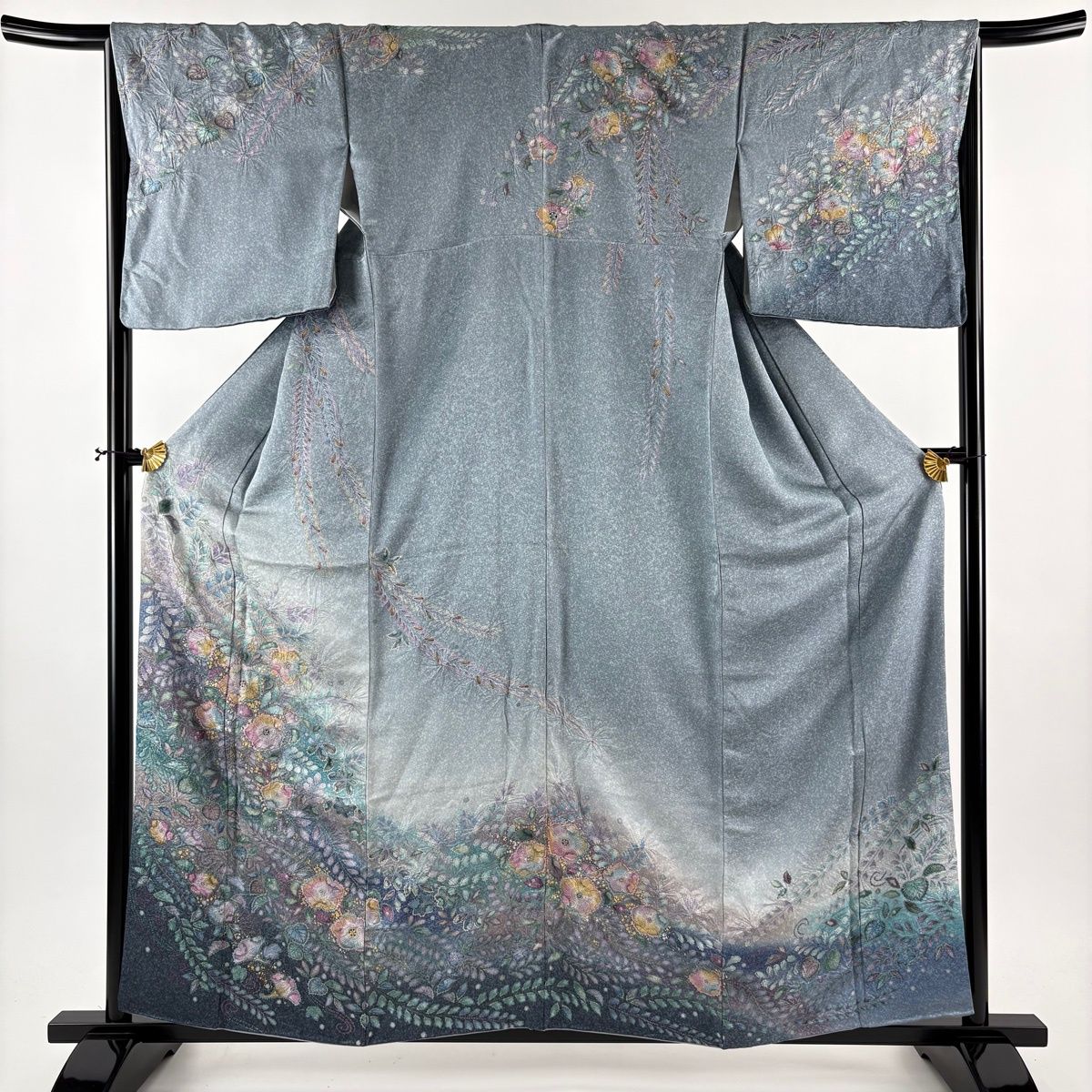 訪問着 身丈159cm 裄丈66.5cm M 袷 辻が花柄 金彩 ぼかし 青灰色 正絹