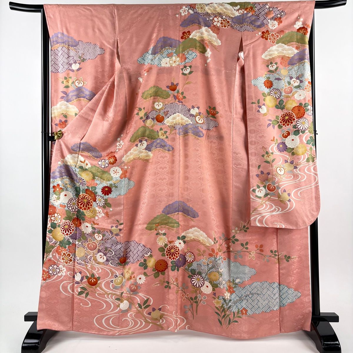 振袖 身丈165.5 cm 裄丈66.5 M 袷 草花 流水 金糸 金彩 ピンク 正絹