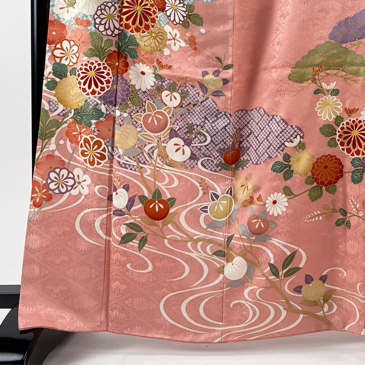 振袖 身丈165.5 cm 裄丈66.5 M 袷 草花 流水 金糸 金彩 ピンク 正絹