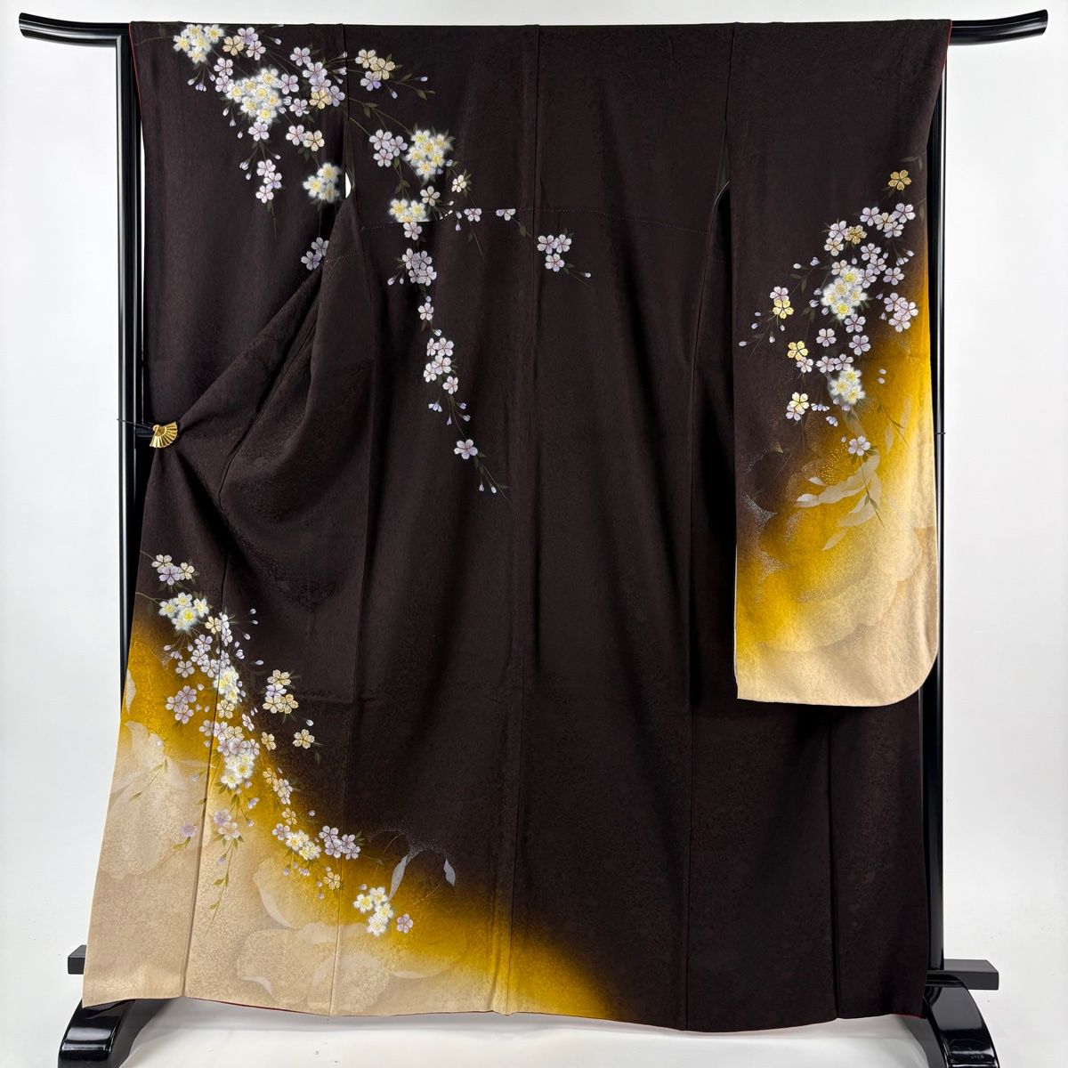 振袖 身丈165.5cm 裄丈66cm M 袷 桜 金銀彩 染め分け 焦茶色 正絹 名品